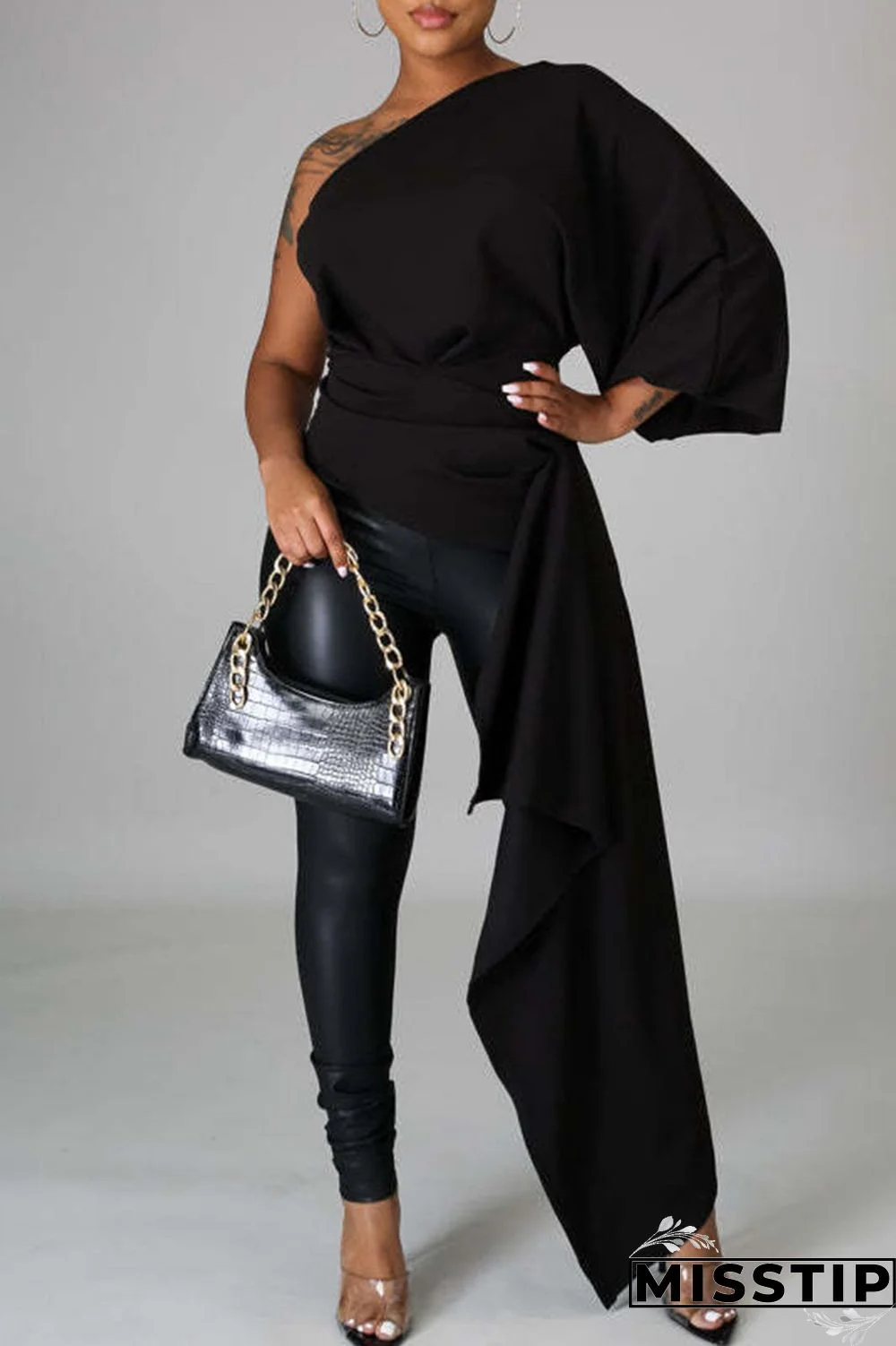 Black Casual Solid Patchwork Asymmetrical Oblique Collar Tops