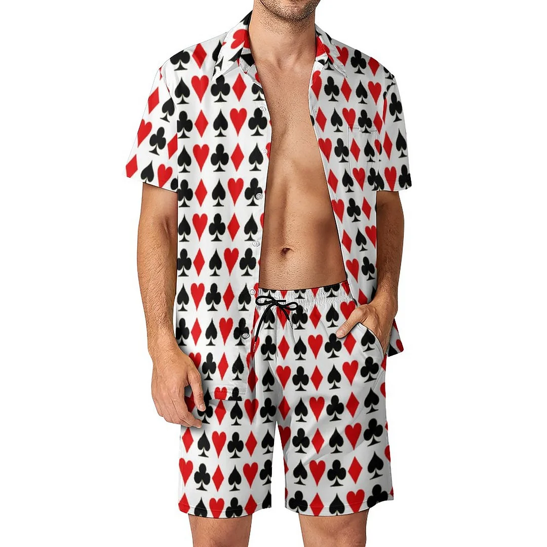 Spade Diamond Club Heart Playing Card Suits Men Hawaiian Button Down 2 Piece Shirt Shorts Set Beach Tropical Hawaii Suits