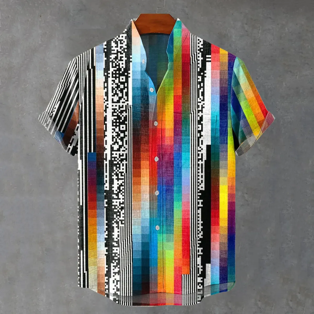 Men's Vintage Colorful Gradient Striped Mosaic Plaid Print Casual Shirt  artssus