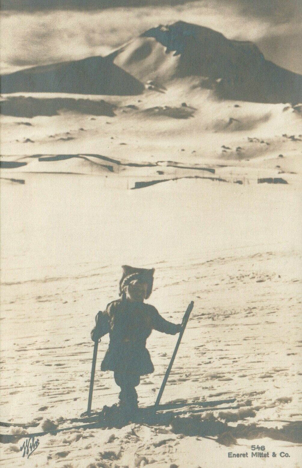 Vintage Snowy Mountains Young Skier Eneret Mittet & Co RPPC Real Photo Poster painting Postcard