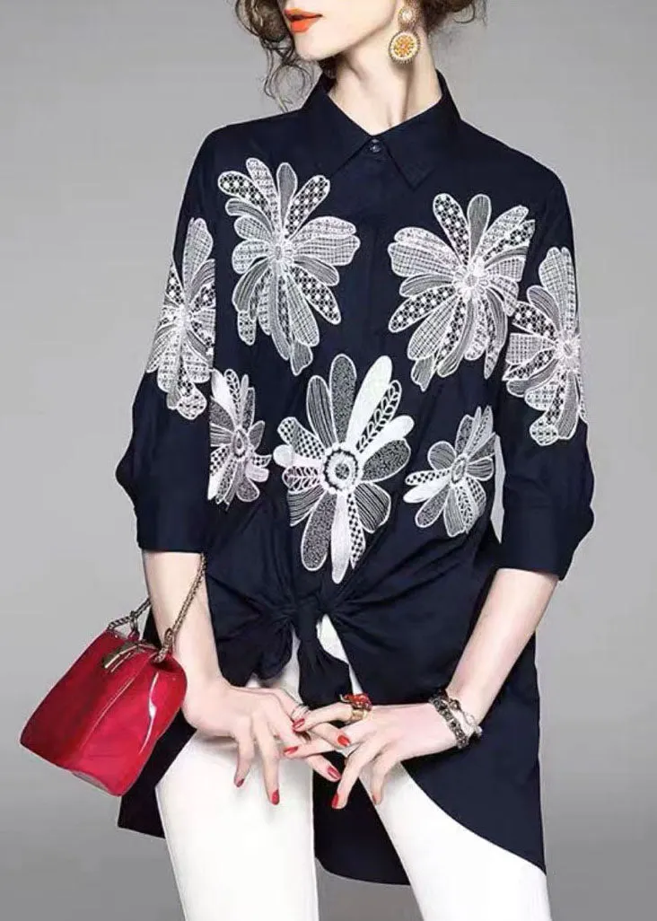 handmade blue peter pan collar embroidered asymmetrical design cotton long shirt half