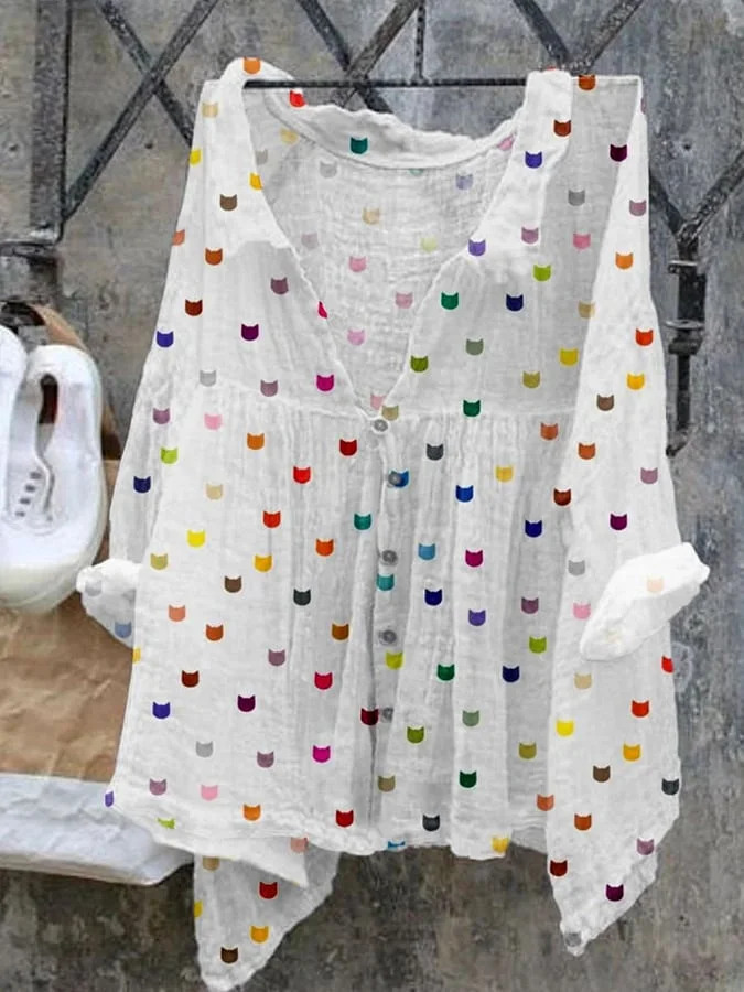 Women's Cute Cat Face Print Cotton And Linen Shirt