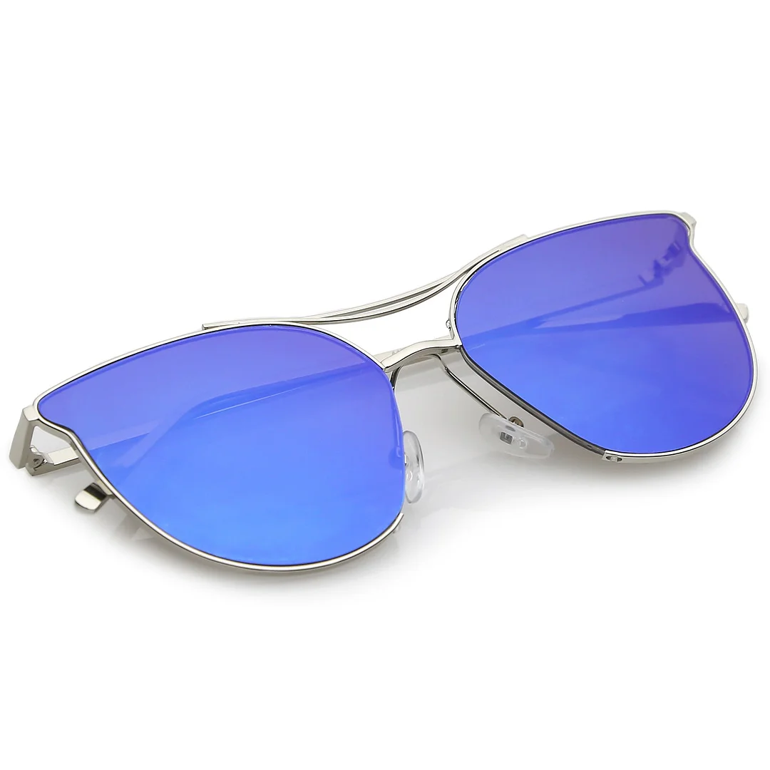 Modern Metal Cat Eye glasses With Double Nose Bridge Round Mirrored Flat Lens 55mm