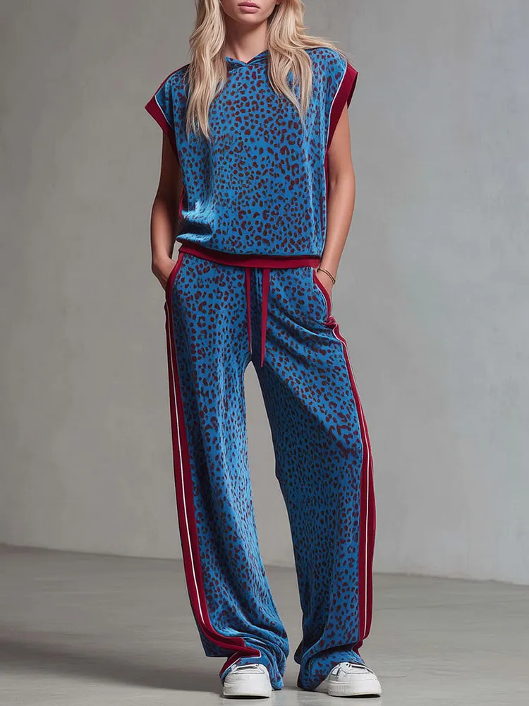 Leopard Print Hooded Sleeveless Top And Velvet Trousers Set