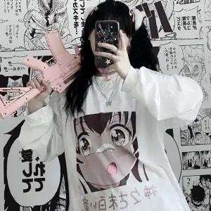 Kawaii Japan Amine Tshirt Streetwear Japanese T Shirt Harajuku Loose White Tops Funny Casual High Street Gothic Tshirt Female