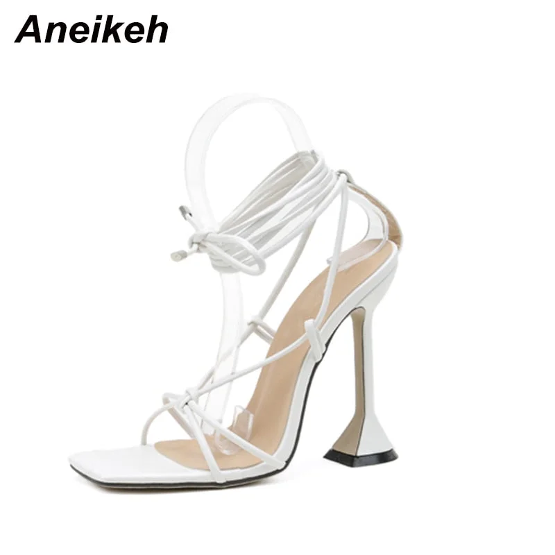 Aneikeh Summer Woman Shoes Sandals Basic Pu Fashion Cross-tied Spike Heels Lace-Up Party Pumps size 35- 42 Black White Apricot