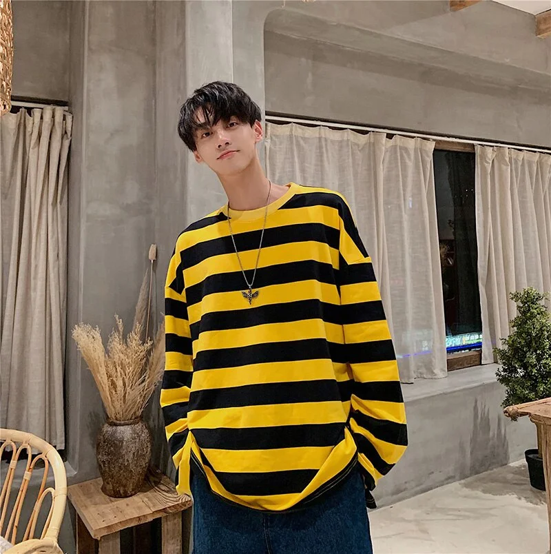 Aonga Oversized Hip Hop Brief Striped Men T-Shirt Long Slevees Funny Korean Version Casual Clothes O-Neck Fashion Harajuku Streetwear aonga