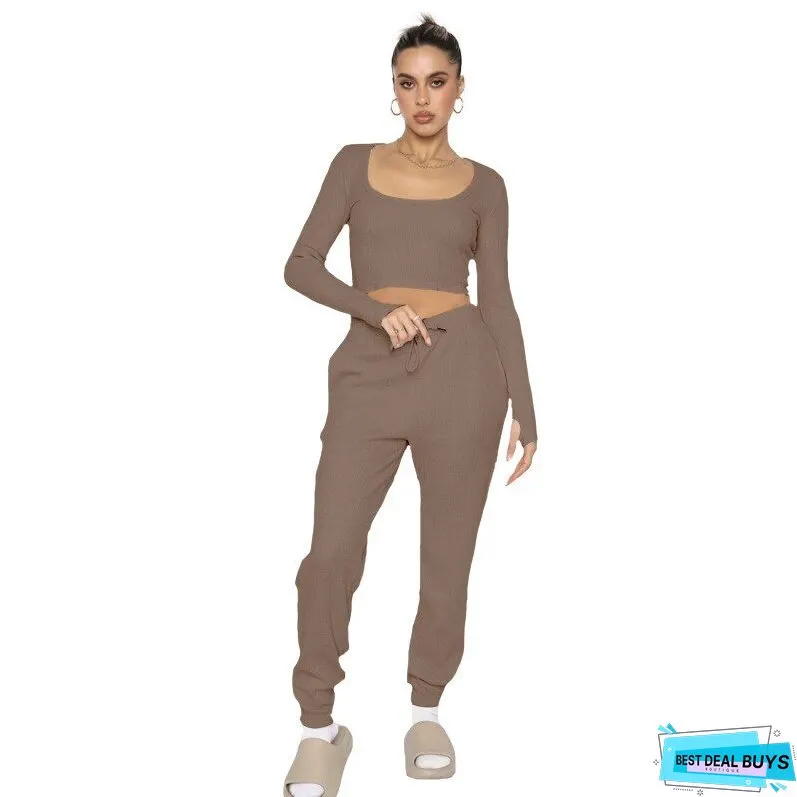Waffle Solid Necks Long Sleeve Pants Sets Women Cropped Tops High Waist Trouser Pieces