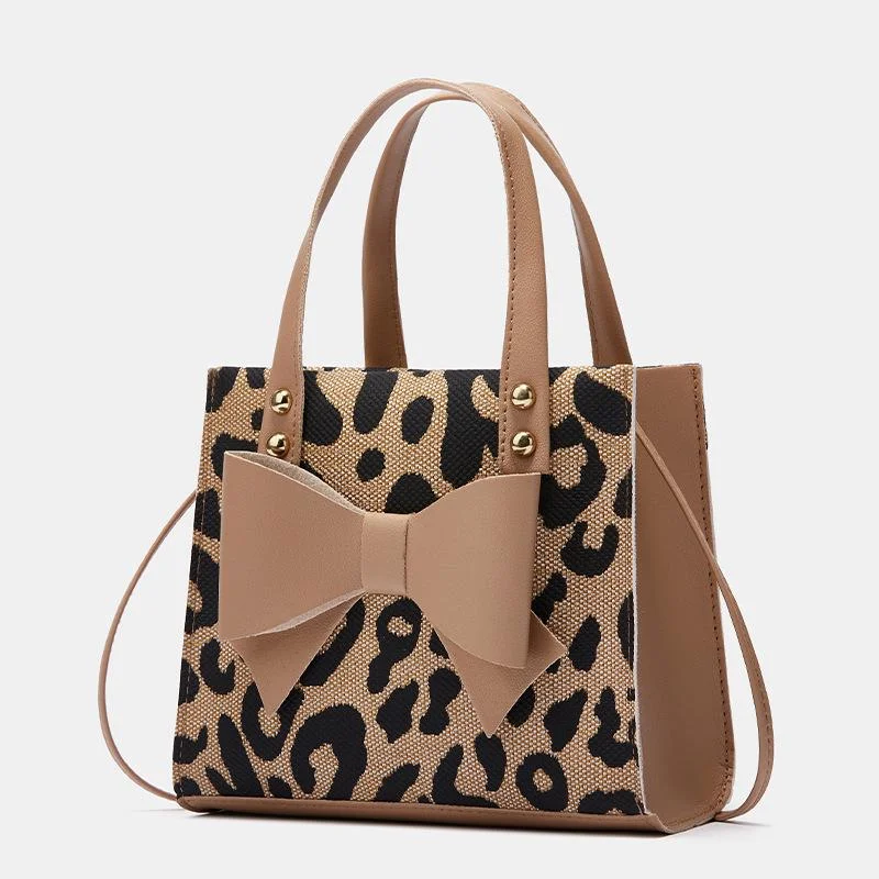 Women's Bag Bow Stitching Contrast Portable Simple Leopard Print Single Shoulder Diagonal Small Square Bag