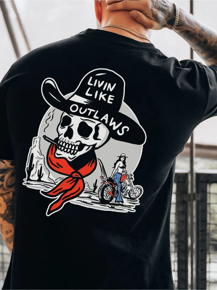 Men's Living Like Outlaws Cowboy Skull Print T-Shirt wearshes