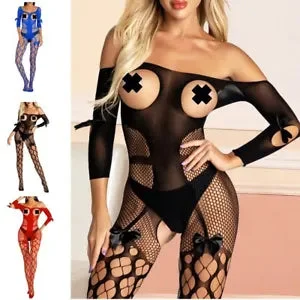 pornhint Pornhint Womens Bodysuit Cupless Romper Sexy Pantyhose Long Sleeve Jumpsuit Bow Catsuit