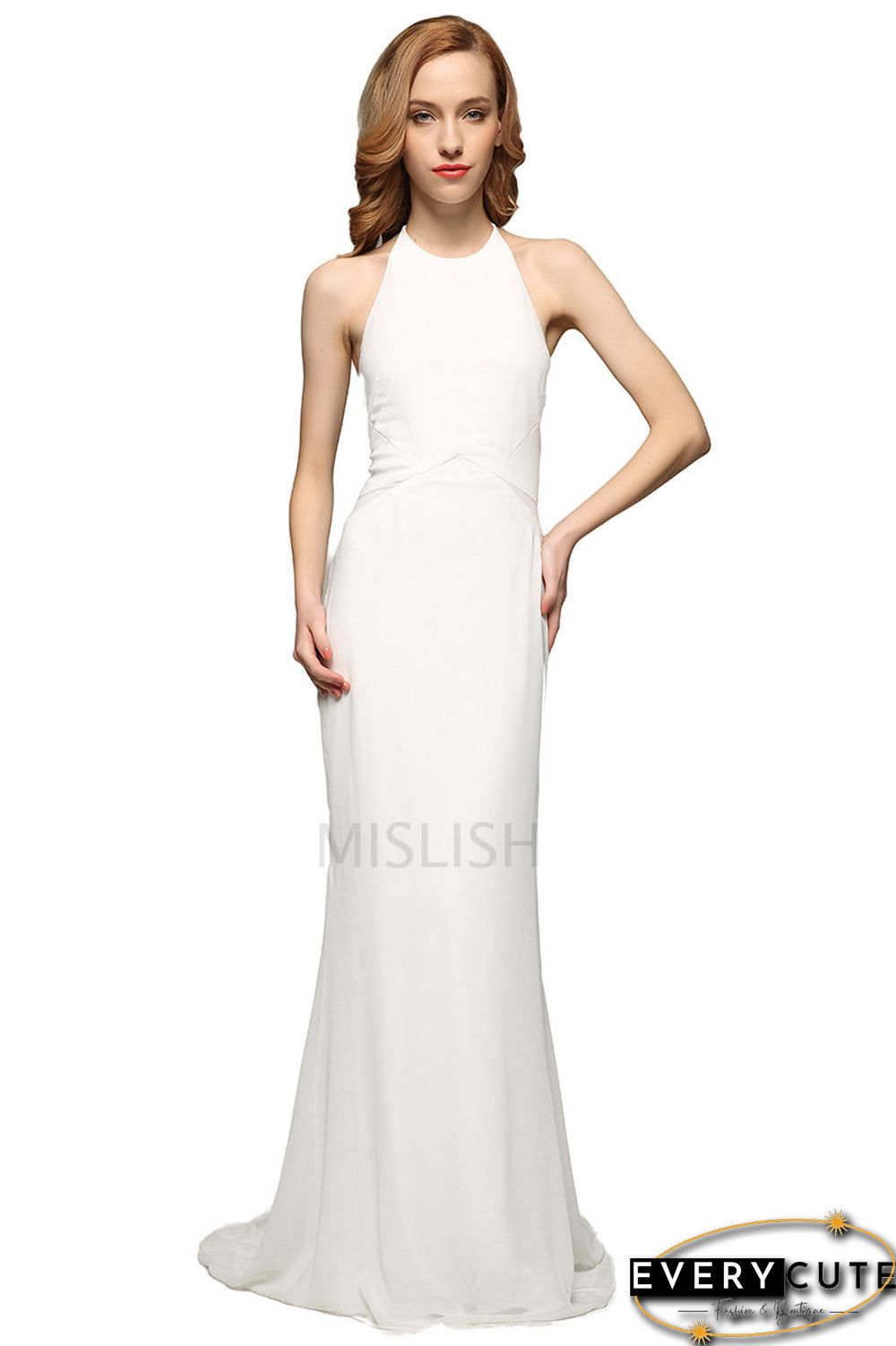 Rita Ora Inspired White Halter Evening Party Dress