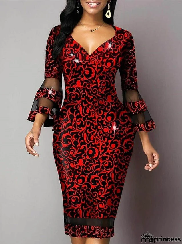 Women's Dress - Party Dress Bodycon Sheath Dress Midi Dress Red Green 3/4 Length Sleeve Floral Mesh Summer Spring V Neck Fashion Party Vacation S M L XL XXL