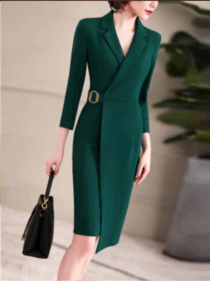 Elegant long-sleeved professional mid-length bag hip dress