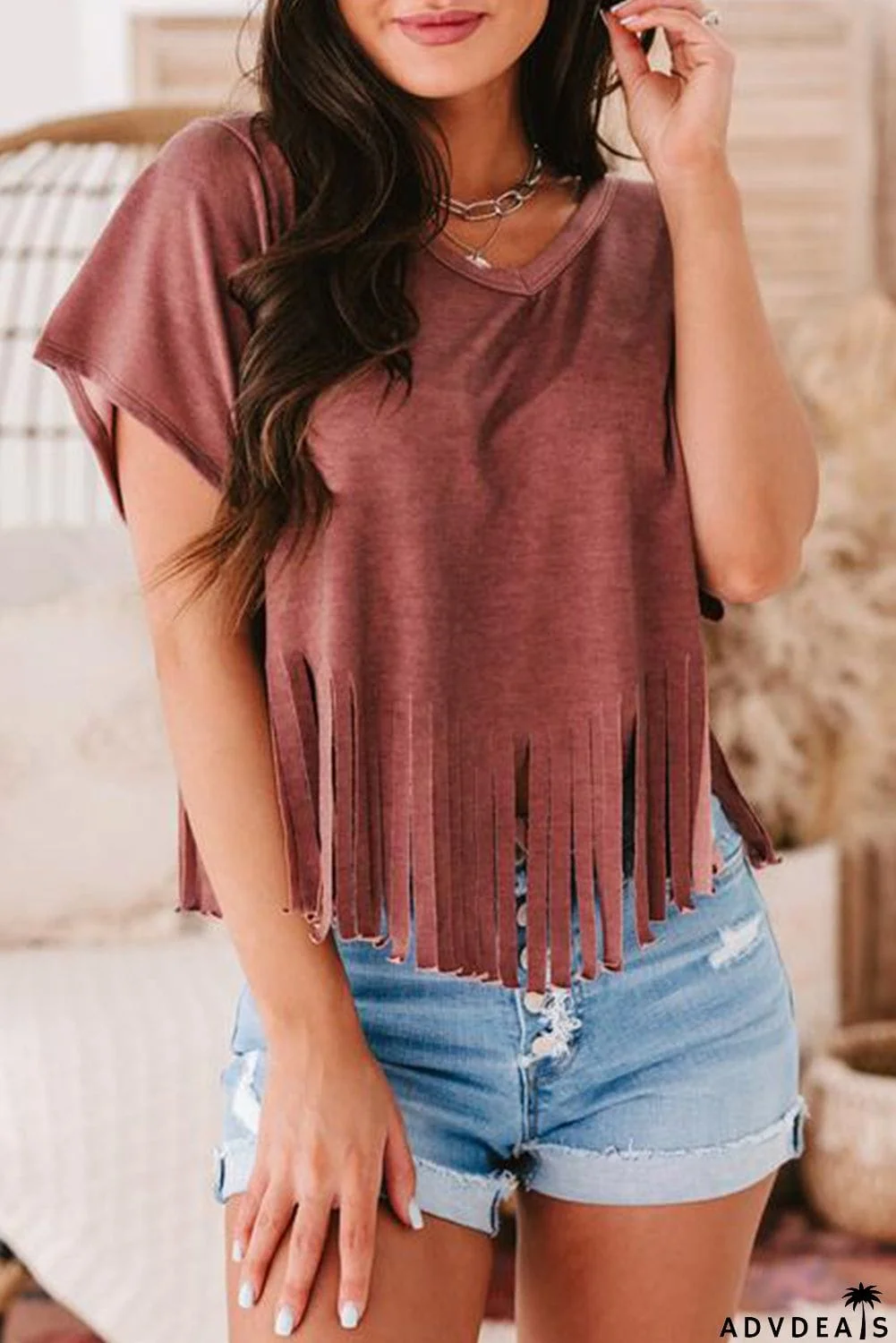 Fringe Hem V Neck T Shirt