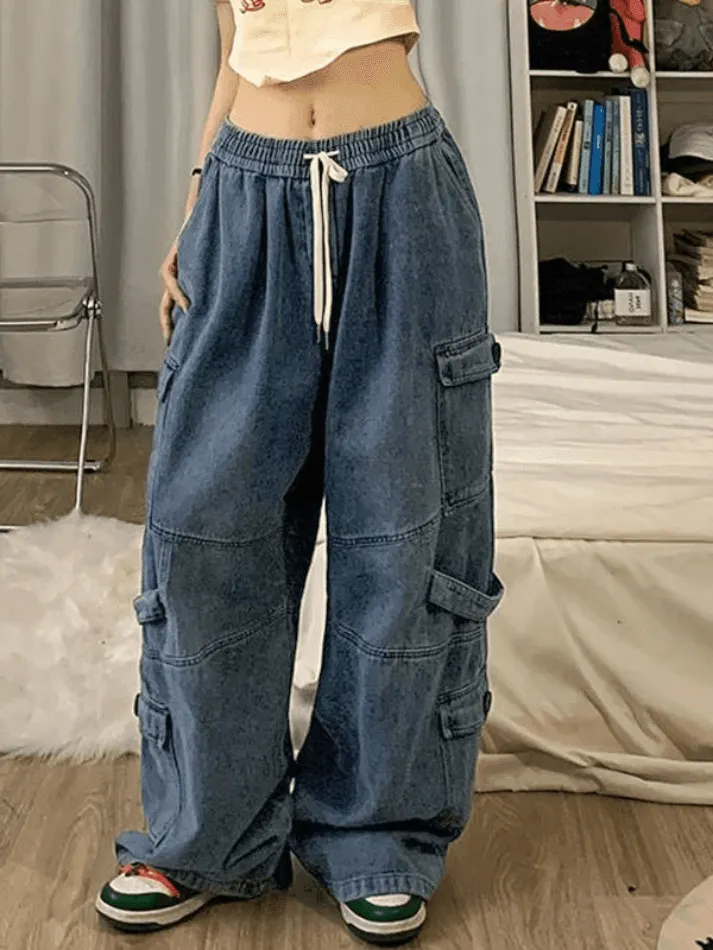 Brownm Punk Blue Wash Baggy Cargo Jeans