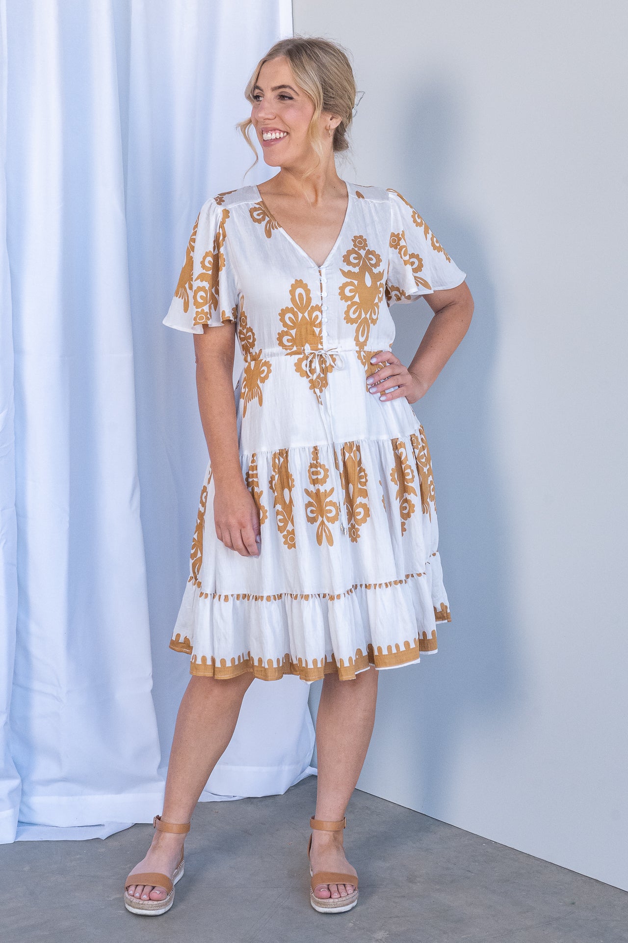 Sabine Geometric Border Dress in White