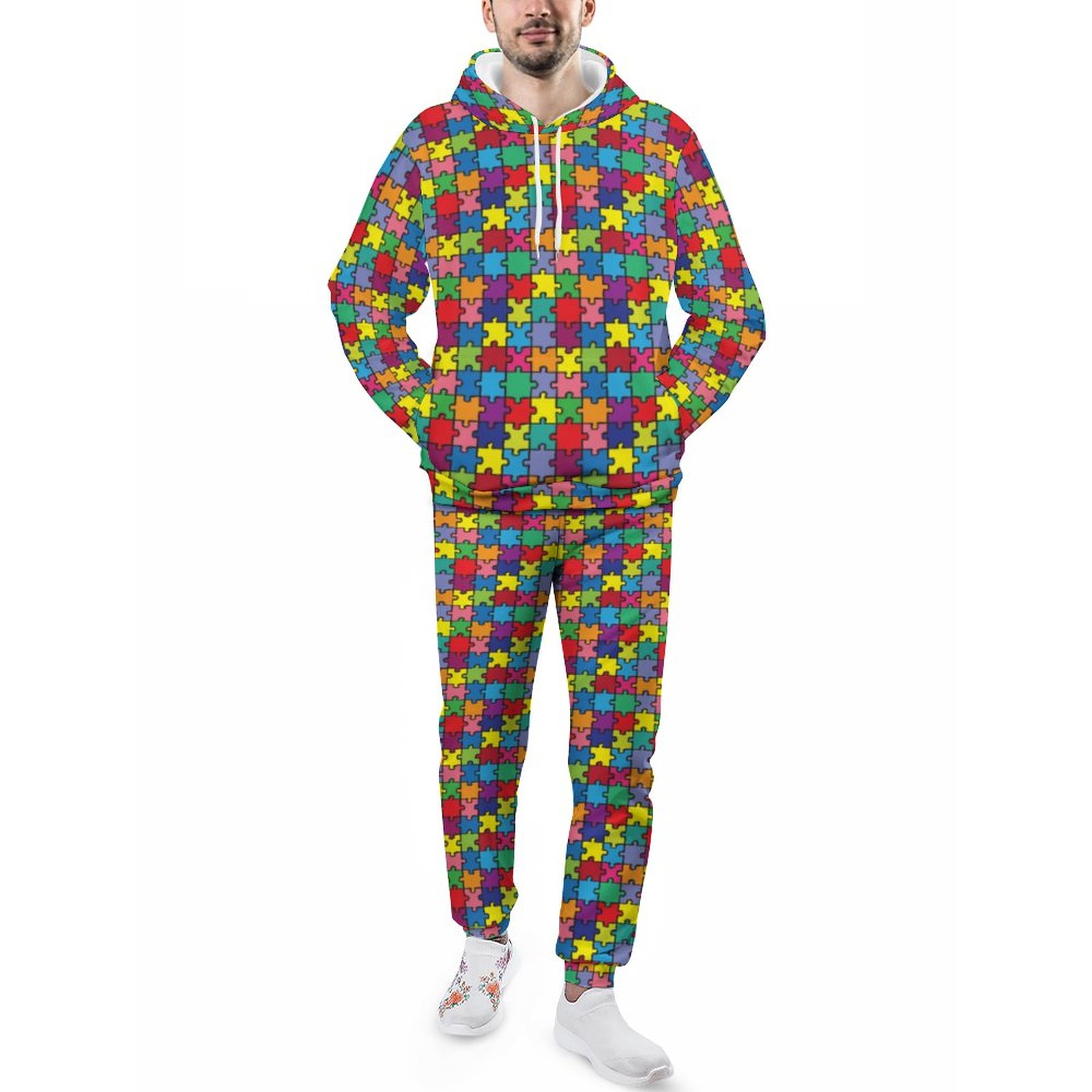 Colorful Puzzle Piece Autism Awareness Men's Tracksuit 2 Piece Hoodie Sweatsuit Sets Casual Jogging Athletic Suits