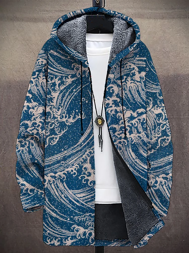 Men's Japanese Rough Seas Wave Art Print Fleece Lined Hooded Trench Coat