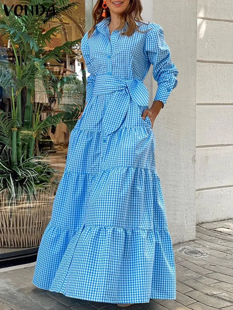 2022 Summer Bohemian Plaid Shirt Dress VONDA Women Long Sleeve Party Dresses Casual Lapel Button Vintage Belted Pockets Sundress