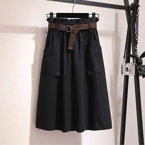 Midi Knee Length Summer Autumn Skirt Women No Belt Casual Cotton Solid High Waist Sun School Skirt Female