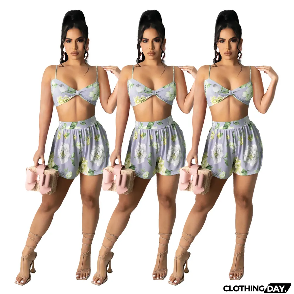 Women Clothes Summer Fall Lace-Up Strap Print Two-Piece Shorts Set