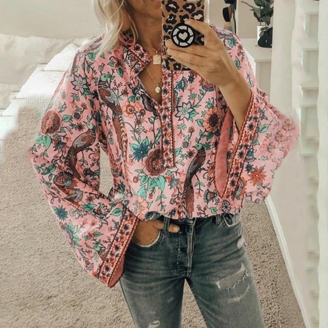 Casual Deep V-neck Print Shirt Blouses Spring Summer Fashion Long Sleeve Loose Shirts For Women Blue Plus Size Tops Femme - Shop Trendy Women's Fashion | TeeYours