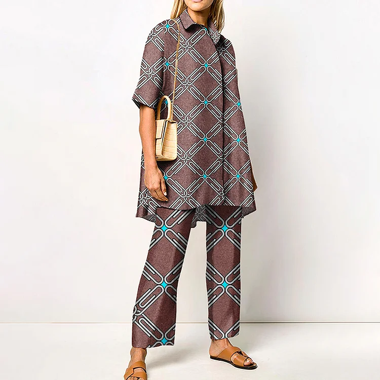 Fashion Geometric Print Short Sleeve Shirt Two Piece Set