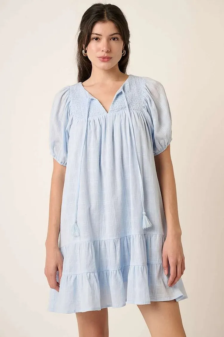 Mittoshop Tassel Tie Plaid Gauze Short Sleeve Mini Dress