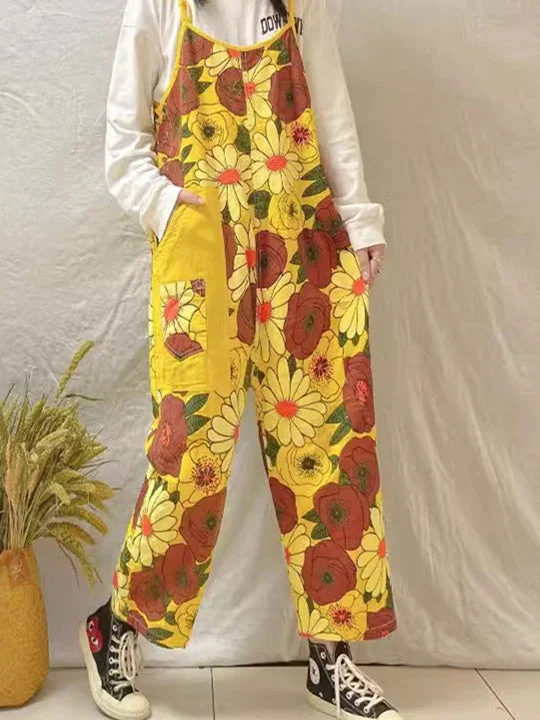 Women's Floral Printed Casual Retro Cropped Workwear Denim Overalls Jumpsuit