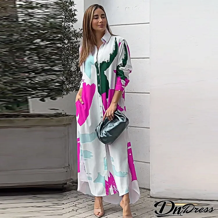 Women Casual Print Loose Shirt Maxi Dress