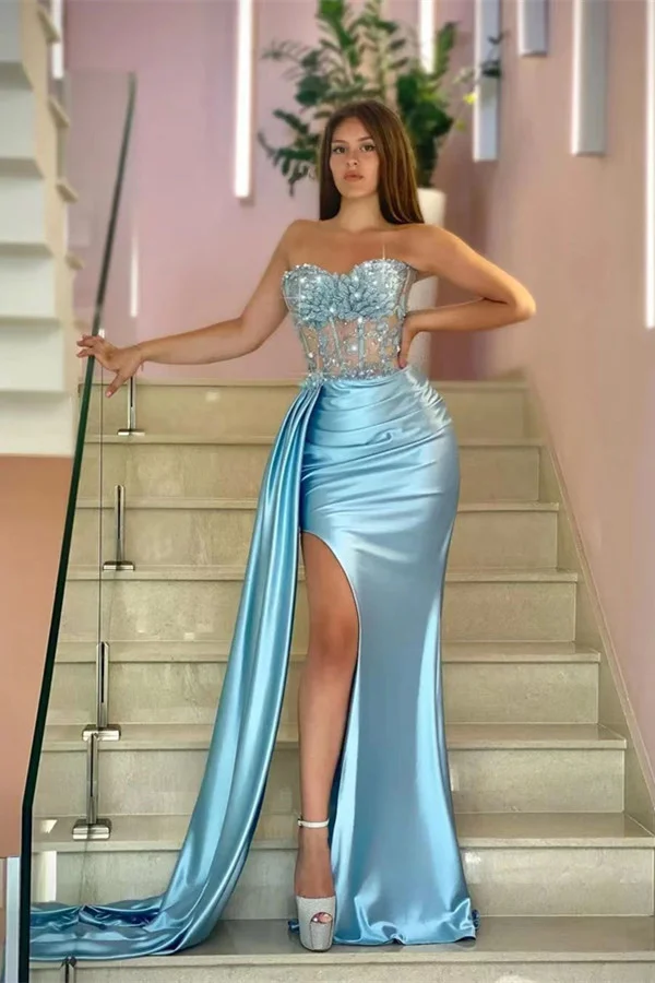 Bellasprom Blue Sweetheart Mermaid Prom Dress Split Ruffles With Beads