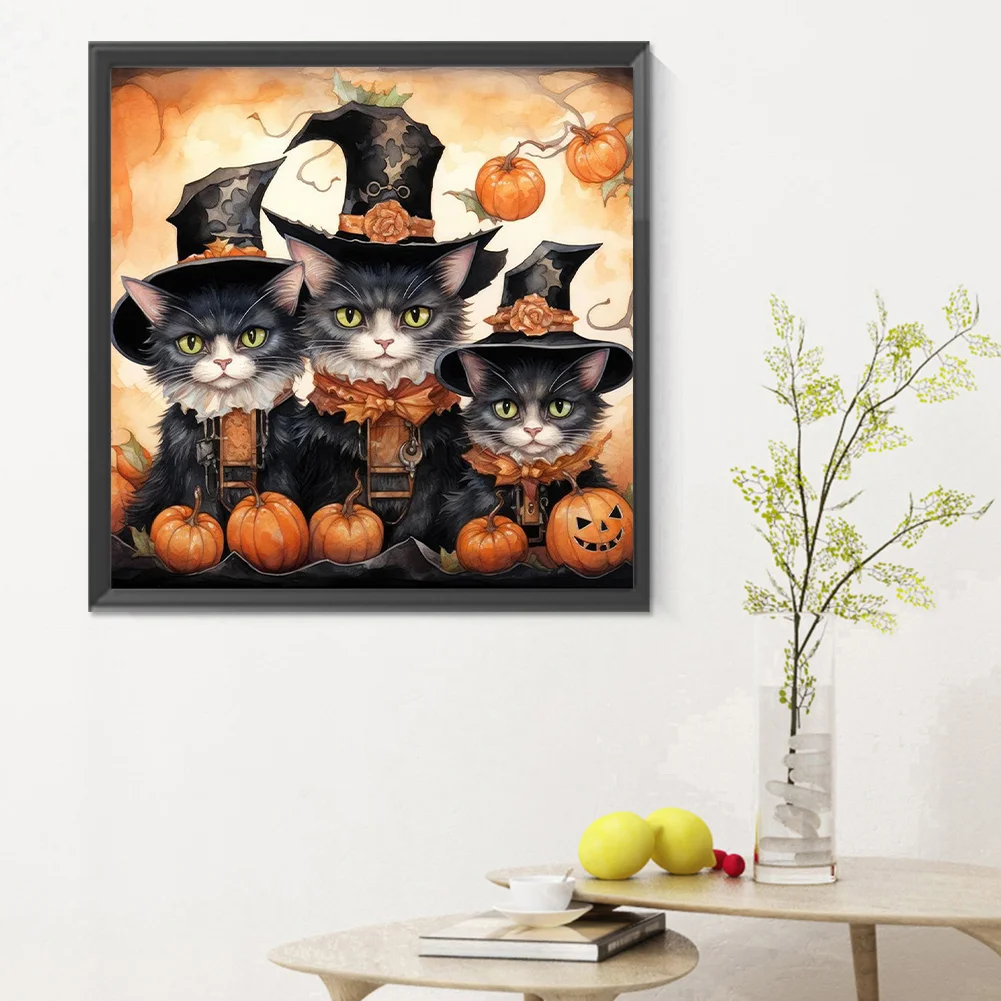 5D DIY Full Round Drill Diamond Painting Halloween Cat Pumpkin Kit Decor 30x30cm