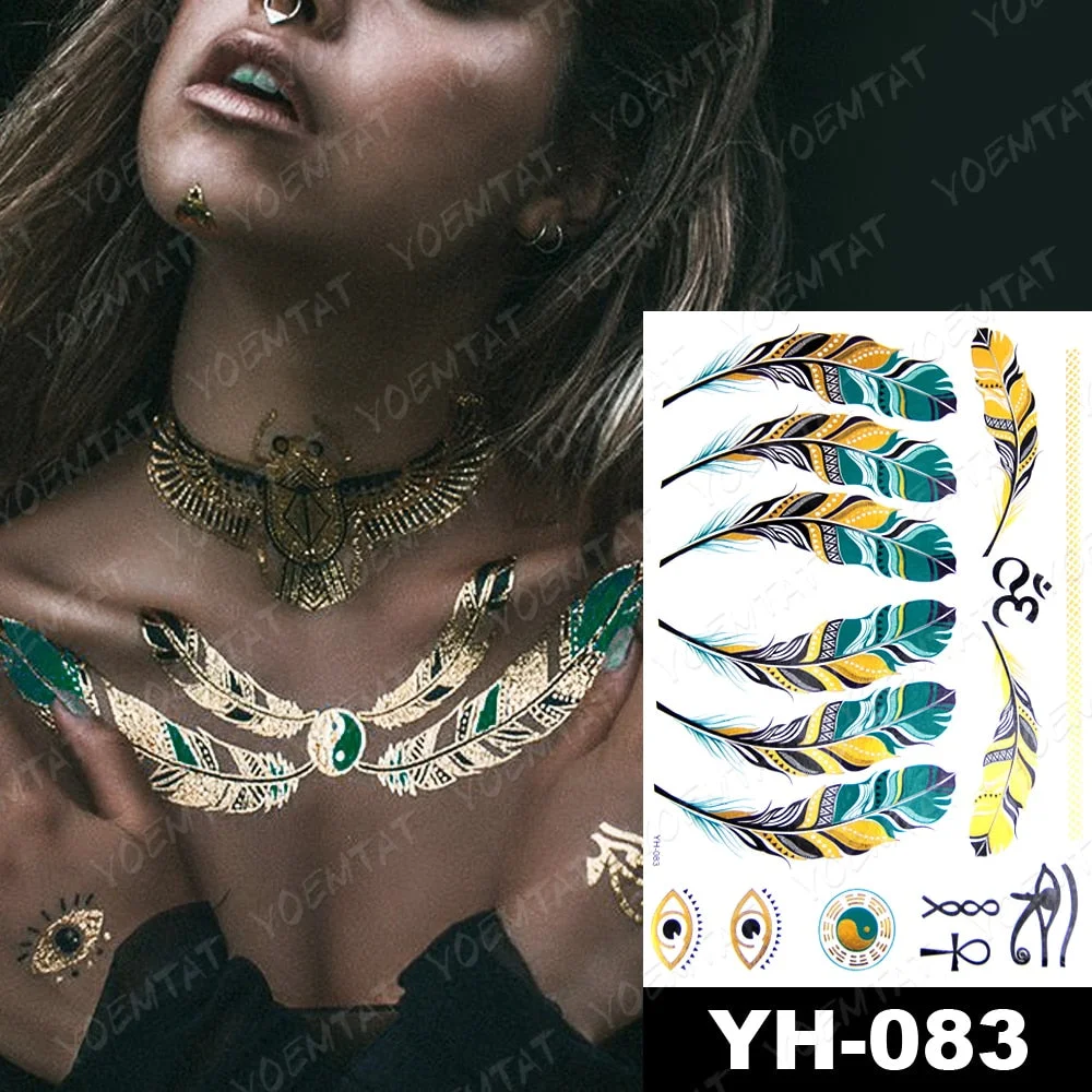 Waterproof Temporary Tattoo Sticker Gold Silver Henna Indian Hand Painted Glitter Tattoos Women Mandala Flower Feather Body Art