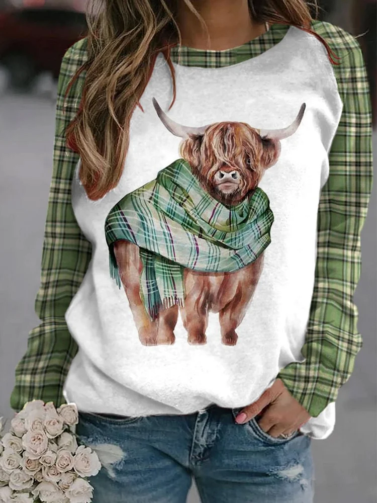 Women's Western Highland Cow Check Print Sweatshirt socialshop