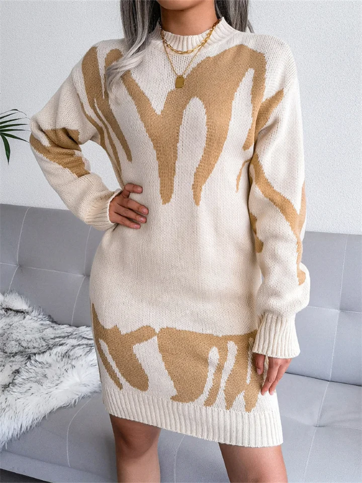 Casual Round Neck Knitted Long Sleeve Dress | EGEMISS