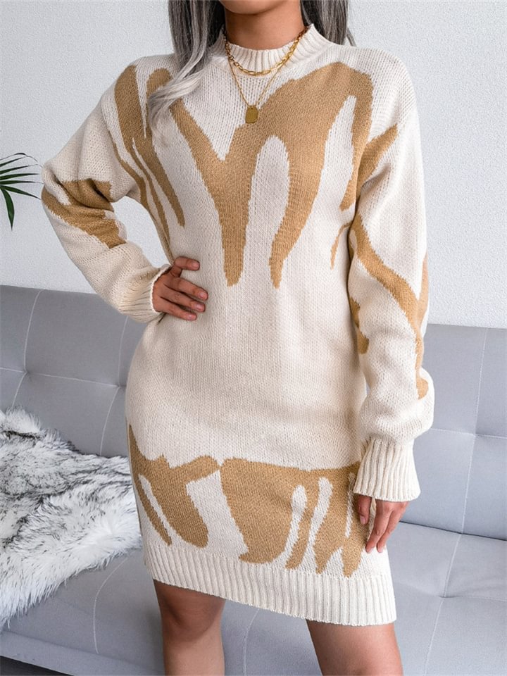 Casual Round Neck Knitted Long Sleeve Dress -vasmok