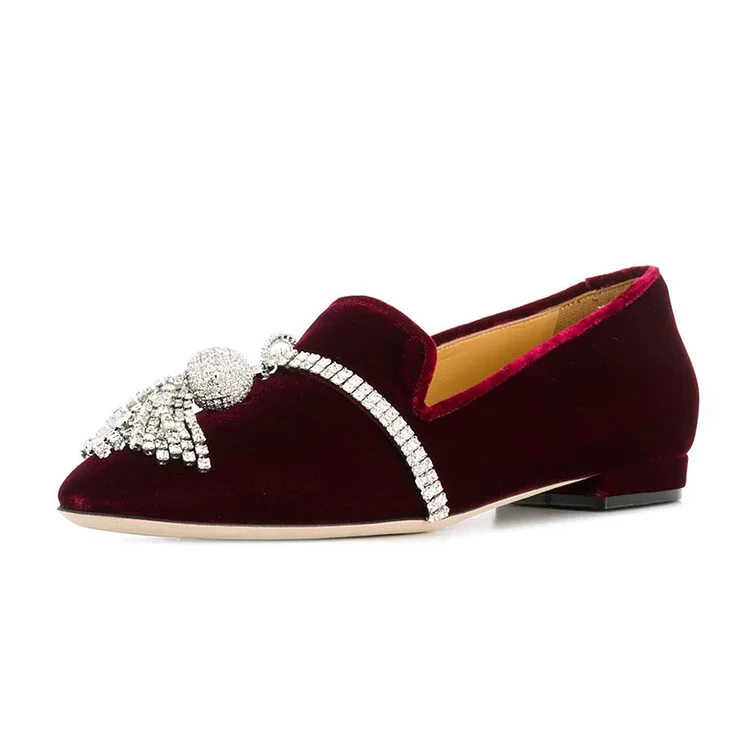 Burgundy Velvet Rhinestone Ornament Flat Loafers for Women |FSJ Shoes