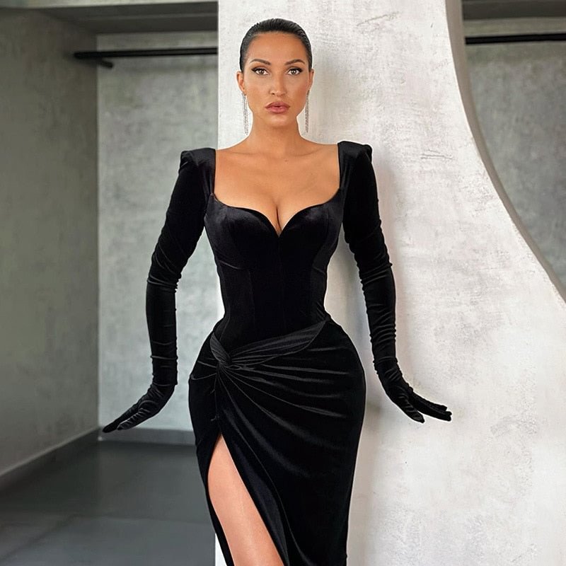 Cryptographic Fall Winter Black Velvet Sexy Split Dresses Gloves Sleeve Fashion Gown Club Party Midi Dress for Women Clothing