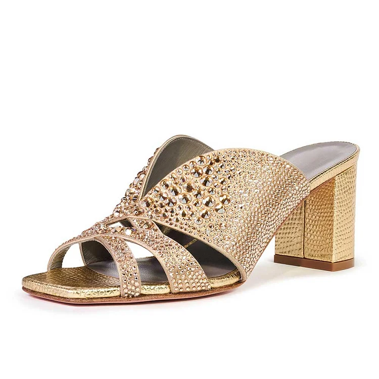 Gold Lizard Embossed Square Toe Rhinestone Block Heel Mules Sandals |FSJ Shoes
