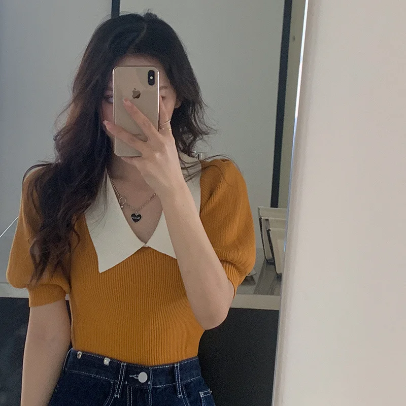 Uveng Uveng Retro Bubble Sleeve Knitted T-Shirt Women Design Small Short Top Summer New Ice T-Shirt Tide