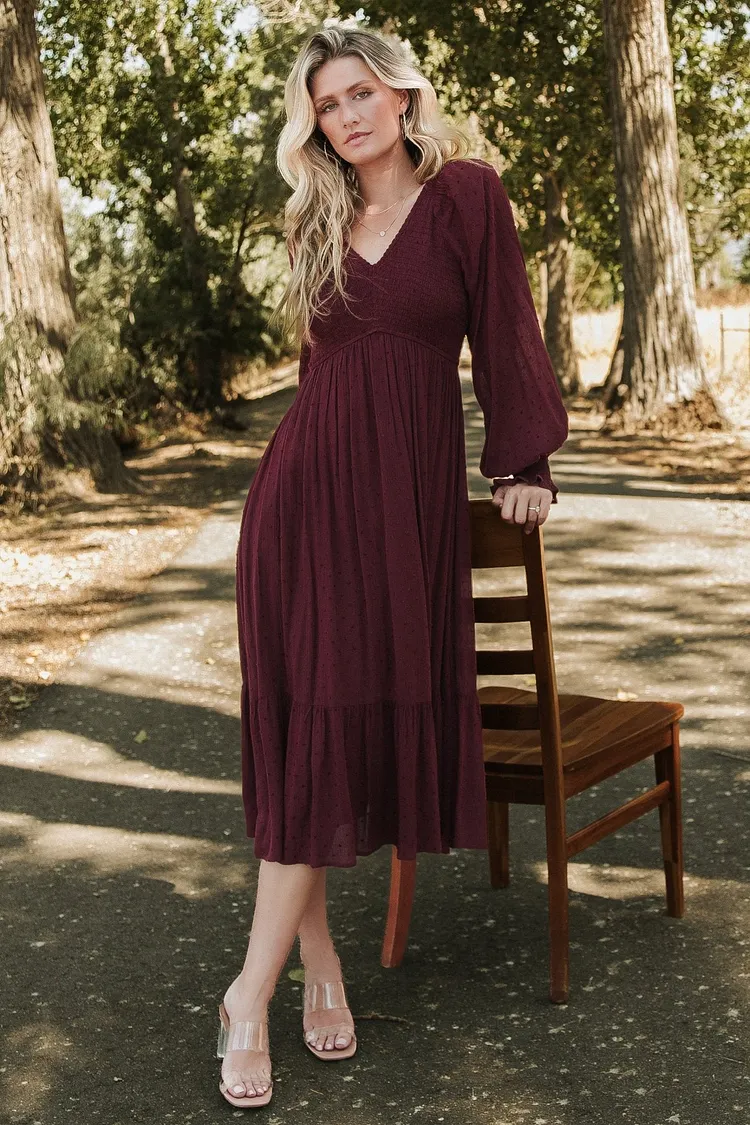 Smocked Dotted Floral Midi Dress - Mulberry