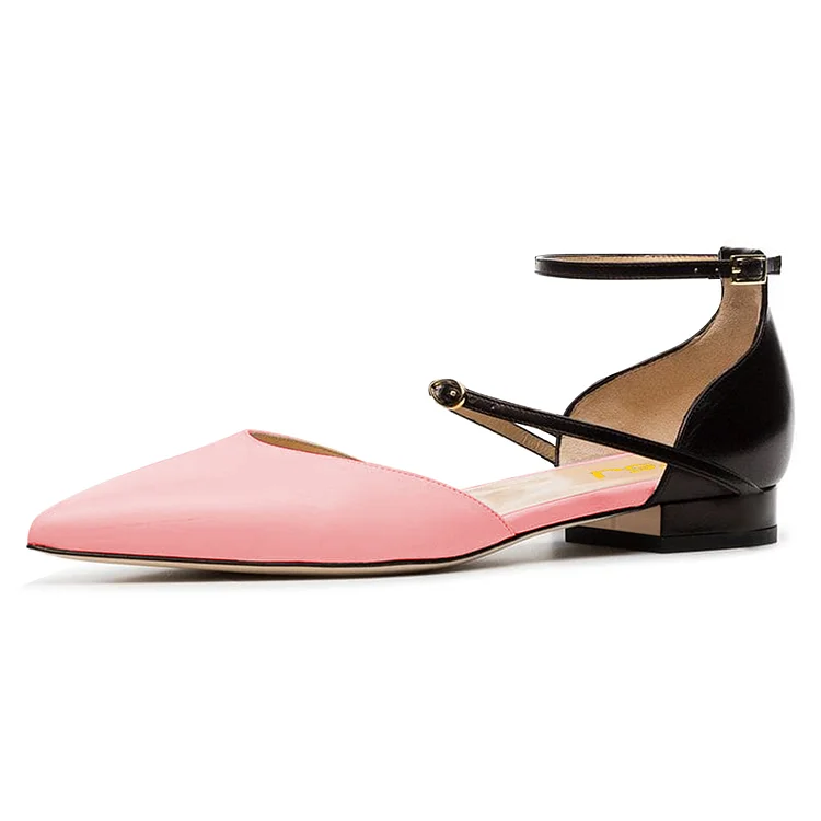 Pink and Black Ankle Strap Comfortable Flats Double D'orsay Pumps |FSJ Shoes
