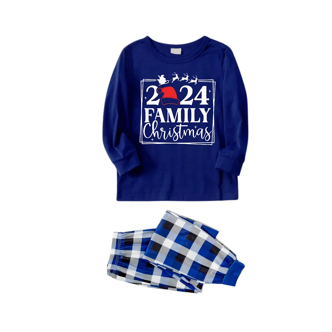 "2024 Family Christmas" Text and Reindeer Printed Blue and White Plaid Family Matching Pajamas