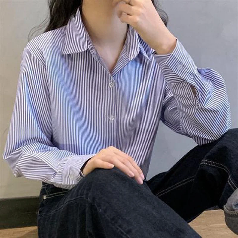 Uveng Uveng Spring And Autumn New Long-Sleeved Striped Shirt Female Korean Version Of Loose Large-Size Bottom Shirts Thin Professional Shirt