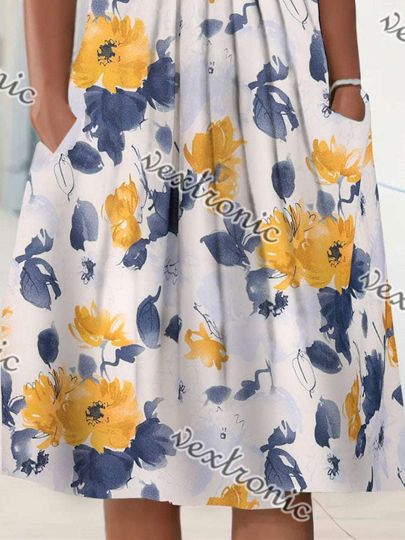 Women's Short Sleeve Scoop Neck Floral Printed Graphic Midi Dress