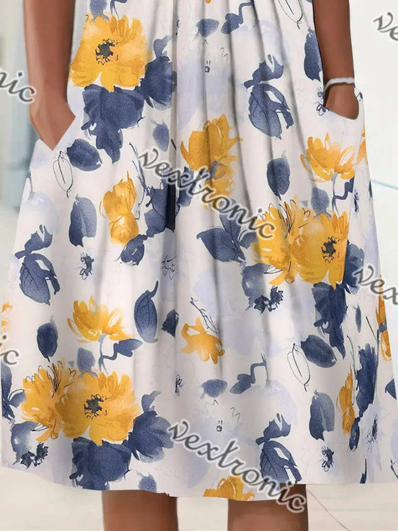 Women's Short Sleeve Scoop Neck Floral Printed Graphic Midi Dress