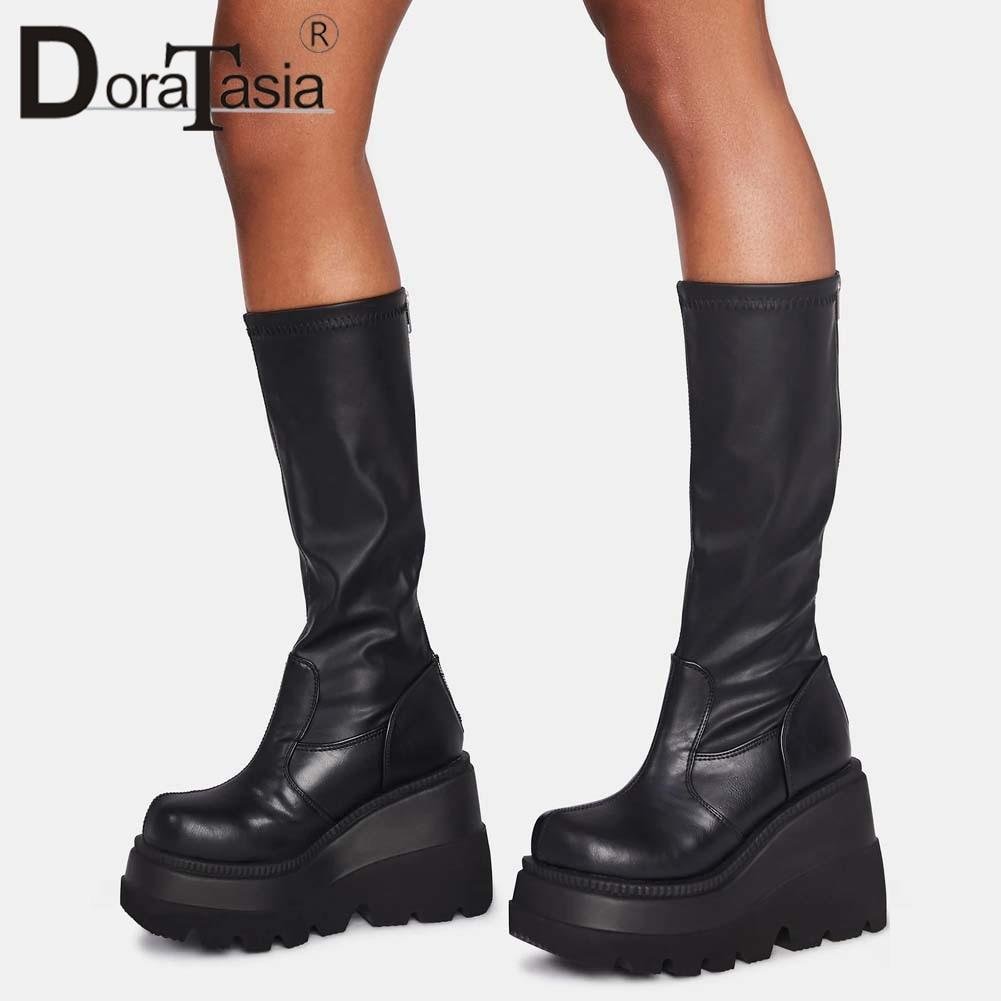DORATASIA Big Size 35-43 Brand Design Ladies High Platform Boots Fashion Zip High Heels Boots Women 2020 Wedges Shoes Woman 1023