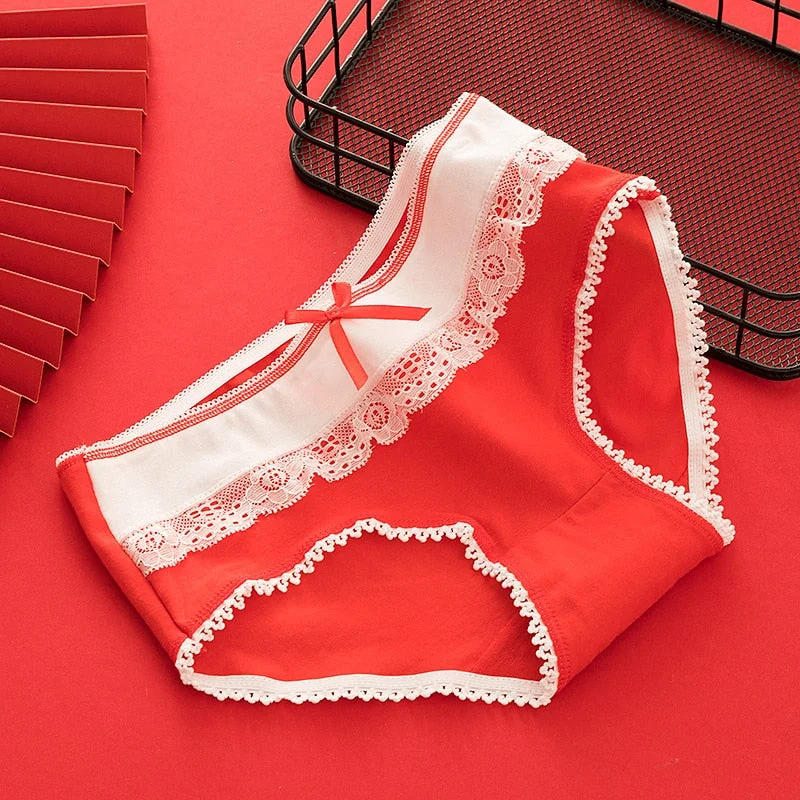 Women's Cotton Panties Red Lace Underpants Girl Cotton Briefs Mid Waist Seamless  Female Underpants Girls Cute Comfort Briefs