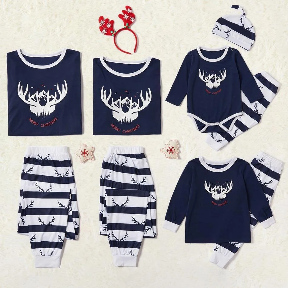 Family Matching Antler Print Top and Striped Pants Christmas Pajamas Set